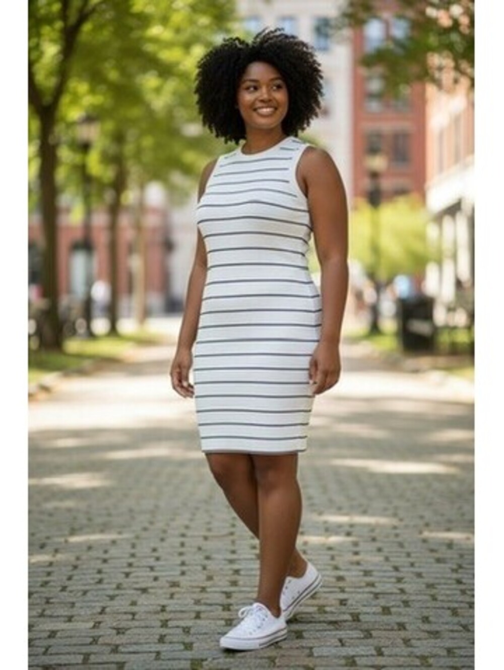A New Day Women's Sleeveless White and Black Striped Knit Dress, Size XL